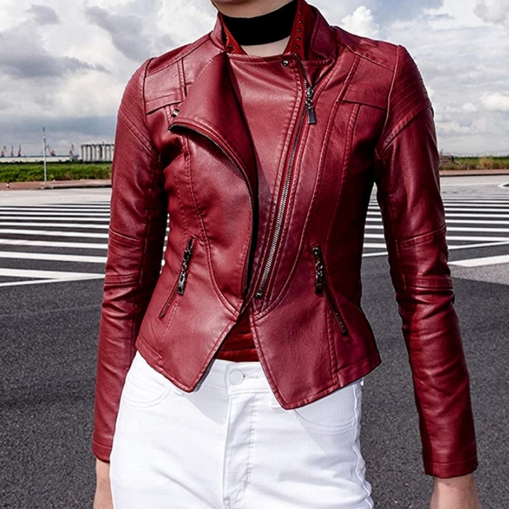 Women's Faux Leather Jacket Moto Biker Jacket Red